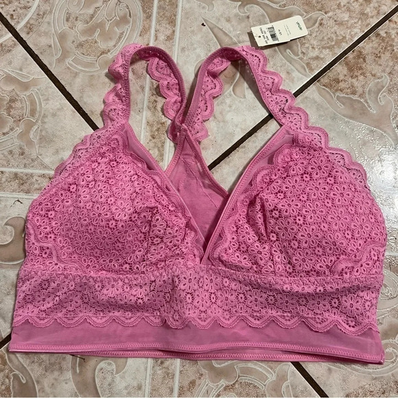 AE Aerie Pink Lace Wireless Bralette Pink Floral Crop Top Sheer Mesh Medium - Picture 1 of 6